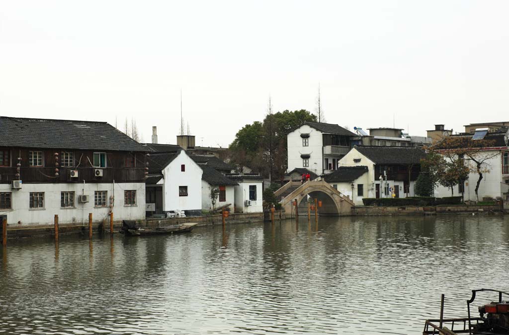 photo, la matire, libre, amnage, dcrivez, photo de la rserve,Zhujiajiao, mur blanc, canal, pont de pierre, Est bien Pont de Rivire