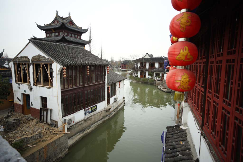 fotografia, materiale, libero il panorama, dipinga, fotografia di scorta,Zhujiajiao provvedere di canale*, idrovia, lanterna, muro bianco, tegola