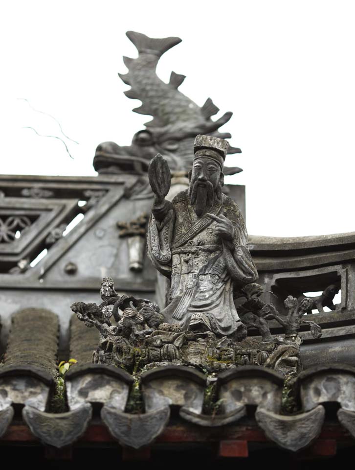 foto,tela,gratis,paisaje,fotografa,idea,Escultura de techo de jardn de Yuyuan, Jardn de casa de santuario chino, Sacerdote Buddhist, Azulejo de techo, Edificio chino