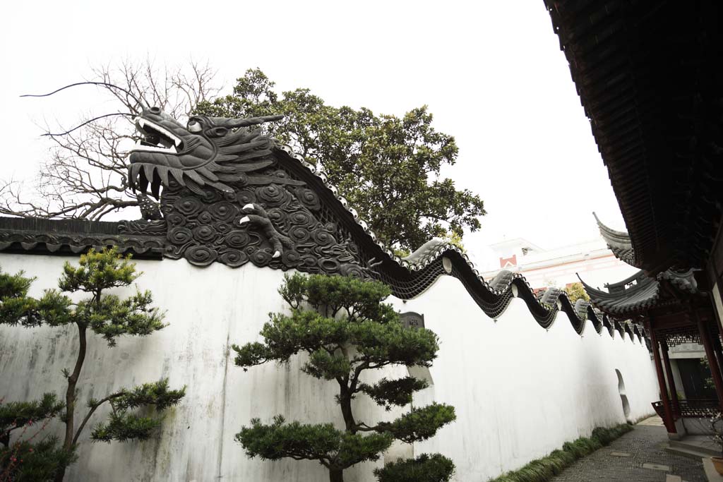 Foto, materiell, befreit, Landschaft, Bild, hat Foto auf Lager,Yuyuan Garden Drachenmauer, Joss Hausgarten, Drachen, Dachziegel, Chinesisches Gebude