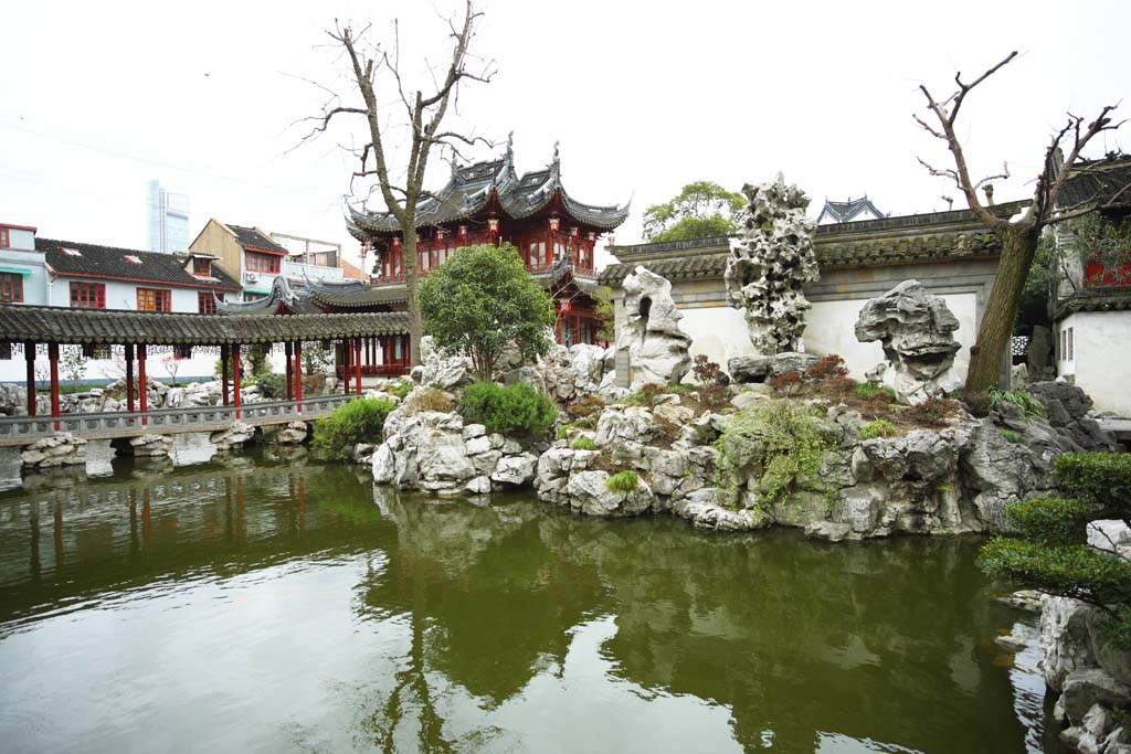 photo,material,free,landscape,picture,stock photo,Creative Commons,Yuyuan Garden, Joss house garden, roofed passage connecting buildings, Chinese food style, pond