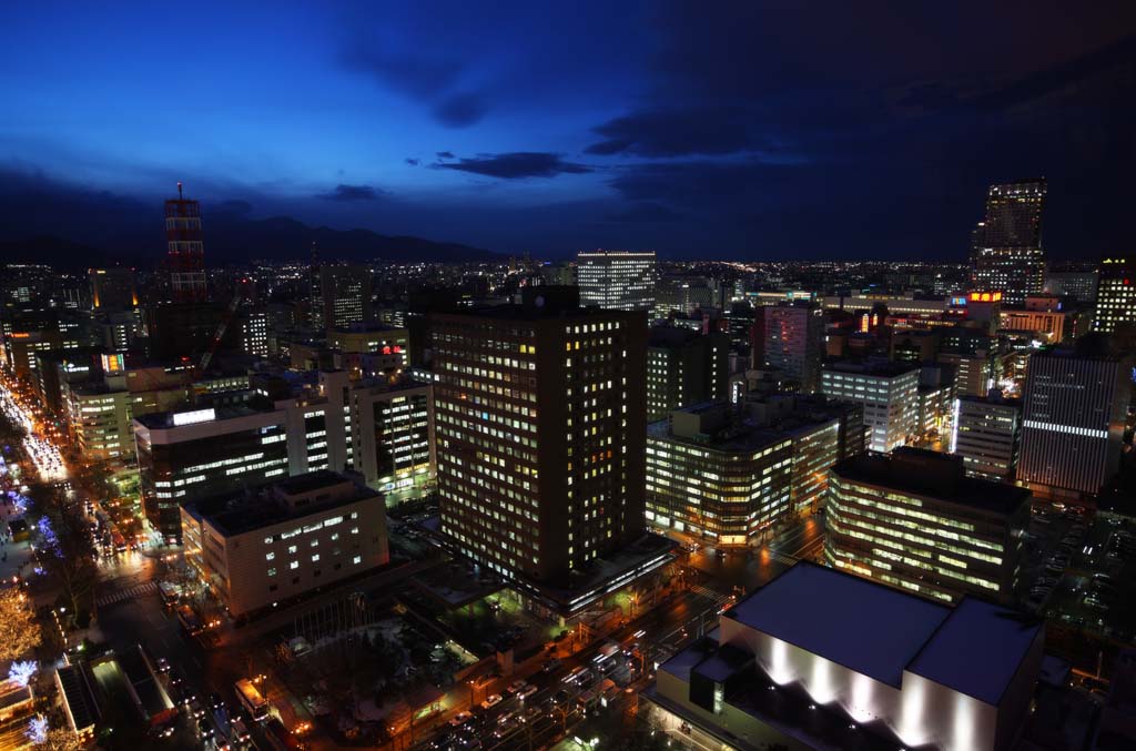 Foto, materiell, befreit, Landschaft, Bild, hat Foto auf Lager,Eine Nacht von Sicht von Sapporo, die Stadt, Festliche Beleuchtung, Licht, Ich bin schn