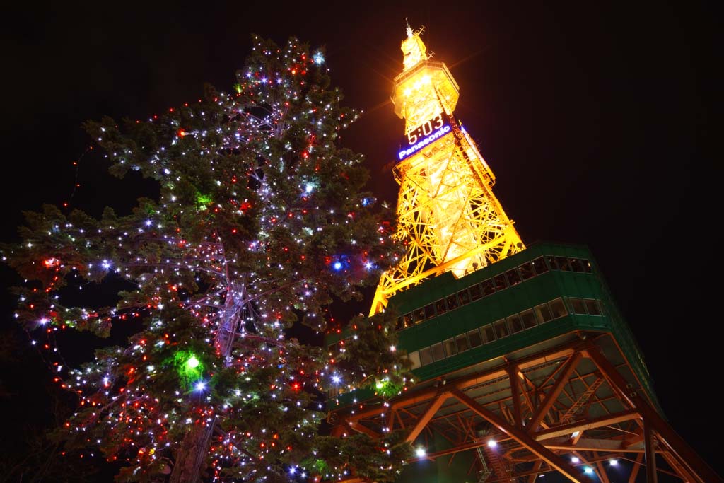 fotografia, materiale, libero il panorama, dipinga, fotografia di scorta,Torre di televisione di Sapporo, Una torre di onda elettrica, Luminarie, luce, Io sono bello