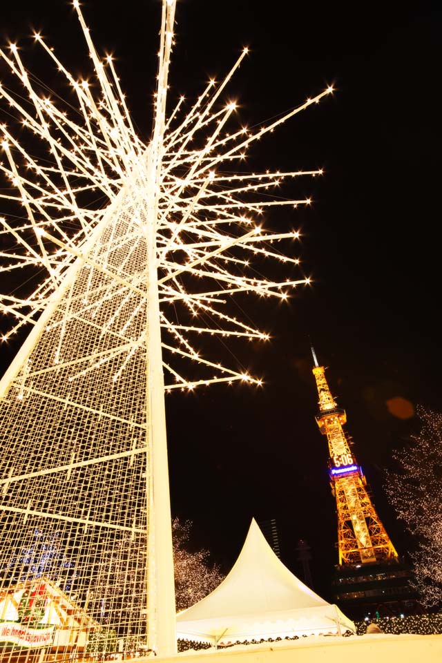 Foto, materieel, vrij, landschap, schilderstuk, bevoorraden foto,Sapporo tv toren, Een elektrisch golf toren, Illumineringen, Maak, Ik ben prachtig