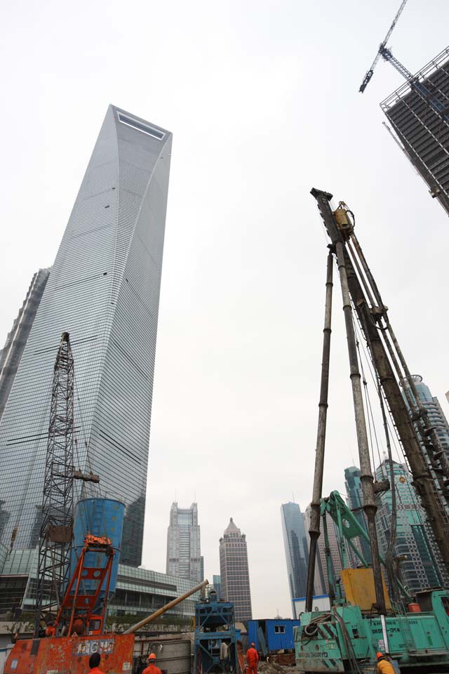 Foto, materieel, vrij, landschap, schilderstuk, bevoorraden foto,Tijdens Sjanghai ontwikkeling, Zwaar industrieele machine, De constructie stip, Ontwikkeling, Torenflat