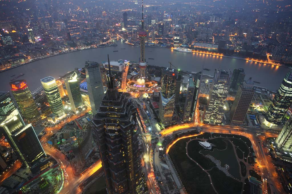 Foto, materieel, vrij, landschap, schilderstuk, bevoorraden foto,Schemering van Sjanghai, Uitmuntend uitzicht, Ik maak het boven aan, Horloge naar het oosten maken bal trein aan; Een toren, Torenflat