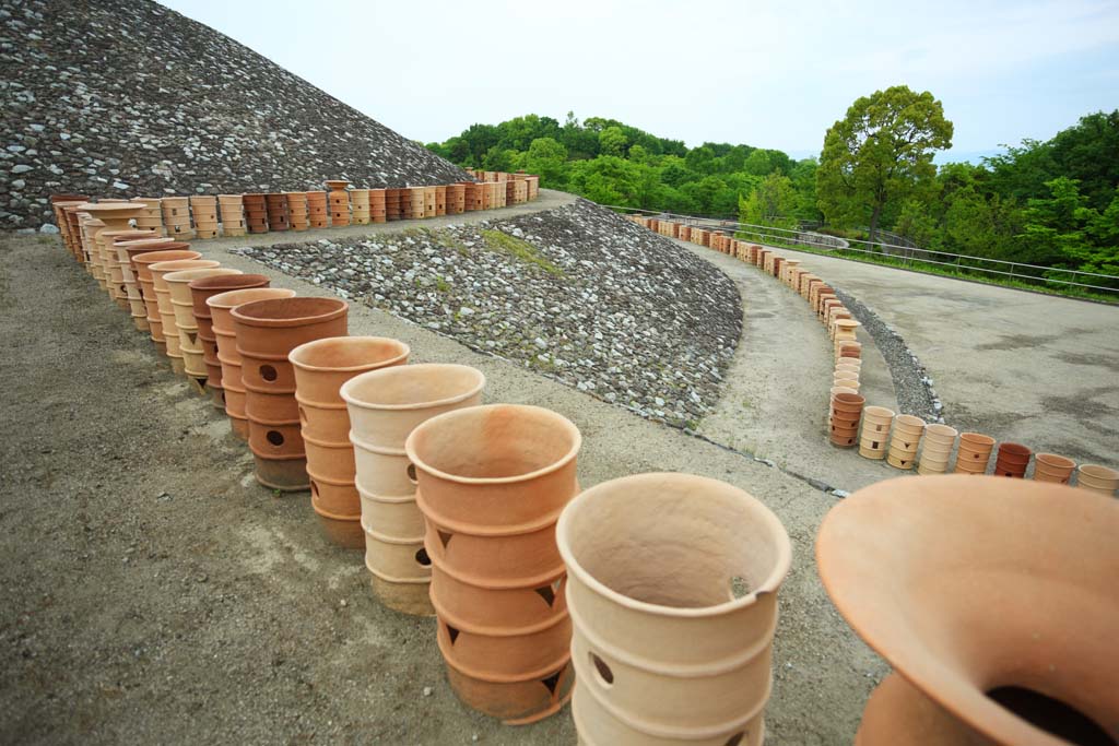 fotografia, material, livra, ajardine, imagine, proveja fotografia,Nagare tumba kubire, Um montculo de enterro velho, montculo de enterro figura cilndrica, Pedregulho esparramou um montculo velho por toda parte, Japo antigo