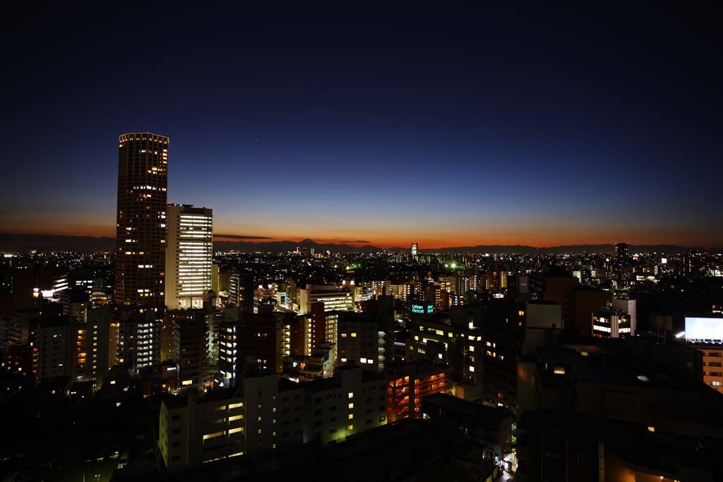 fotografia, material, livra, ajardine, imagine, proveja fotografia,Crepsculo de Tquio, viso noturna, construindo, Iluminao, Mt. Fuji