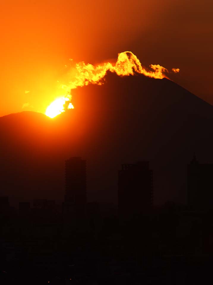 Foto, materieel, vrij, landschap, schilderstuk, bevoorraden foto,Mt. Fuji van de vernietiging door er te afvuren, Instelling zon, Mt. Fuji, Gebouw, Wolk