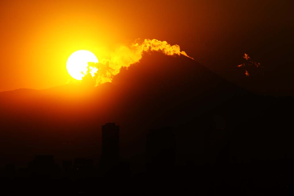 photo,material,free,landscape,picture,stock photo,Creative Commons,Mt. Fuji of the destruction by fire, Setting sun, Mt. Fuji, building, cloud