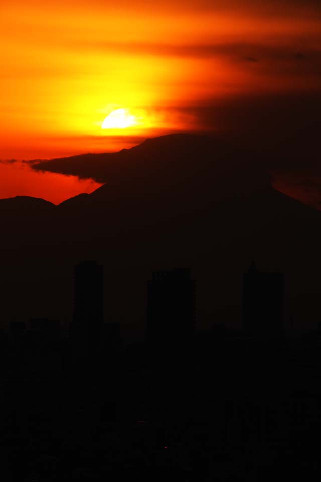 Foto, materieel, vrij, landschap, schilderstuk, bevoorraden foto,Mt. Fuji van de schemering, Instelling zon, Mt. Fuji, Rood, Wolk