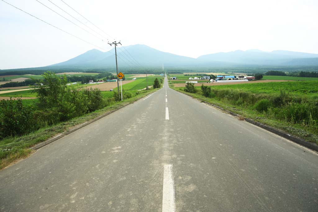 Foto, materiell, befreit, Landschaft, Bild, hat Foto auf Lager,Eine gerade Linienstrae von Furano, Feld, Mt. Tokachi-dake, Das Land, lndliche Landschaft