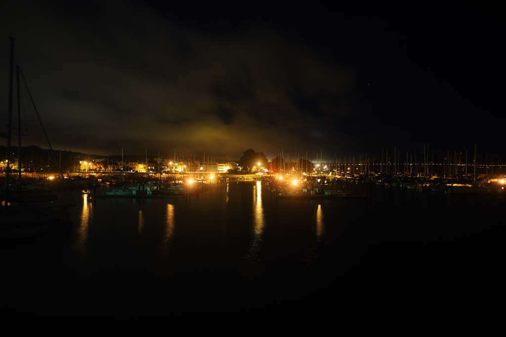 Foto, materieel, vrij, landschap, schilderstuk, bevoorraden foto,Een avond haven, Illuminering, Jacht, Helderder, Avond mist