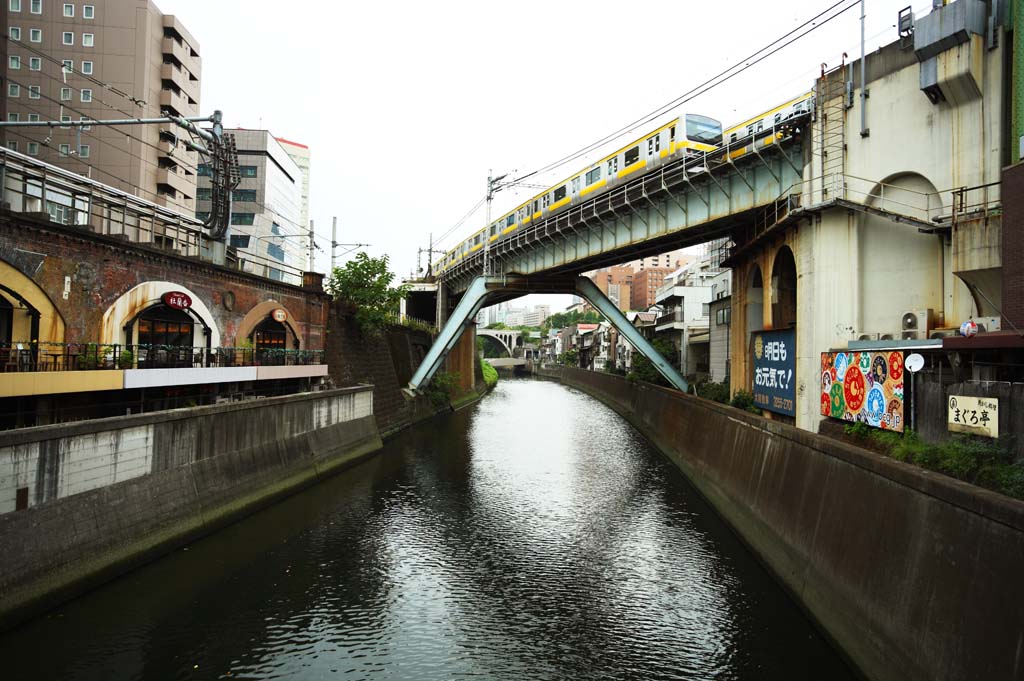 Foto, materiell, befreit, Landschaft, Bild, hat Foto auf Lager,Shohei-Brcke, Kanal, Akihabara, Gelb, Zug