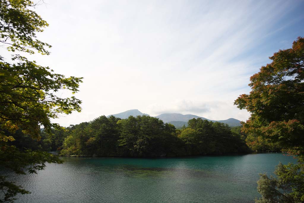 photo, la matire, libre, amnage, dcrivez, photo de la rserve,Lac Bishamon, fort, tang, Bleu azur, Mt. Bandai-san