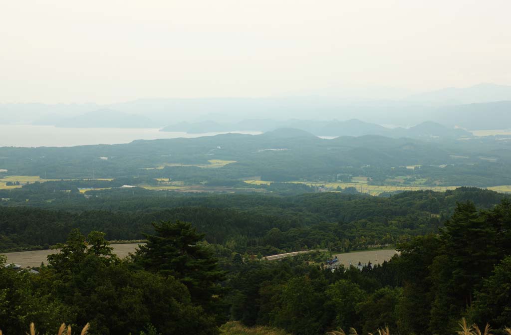 Foto, materieel, vrij, landschap, schilderstuk, bevoorraden foto,Plas Inawashiro-ko, Rijst veld, Rijst groeiend, Plas, Aizu Fuji