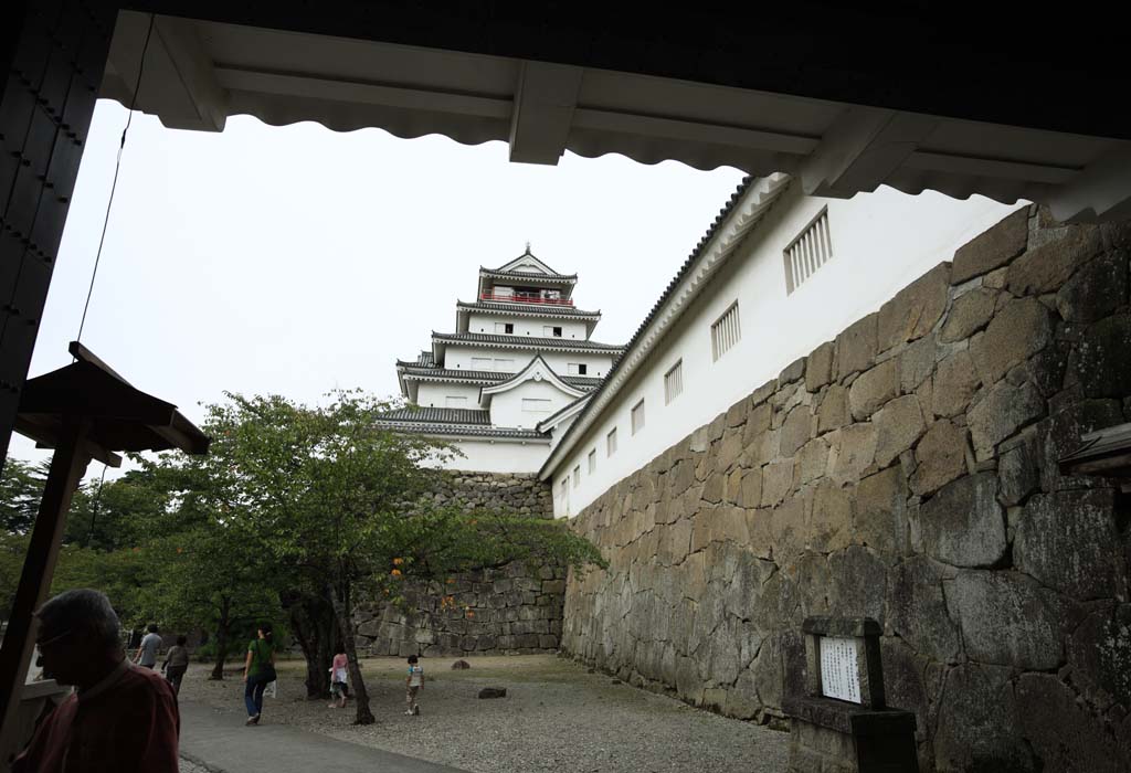 Foto, materieel, vrij, landschap, schilderstuk, bevoorraden foto,De jonge Matsushiro kasteel toren, Moat, Ishigaki, Kurokawa Kasteel, Ujisato Gamo