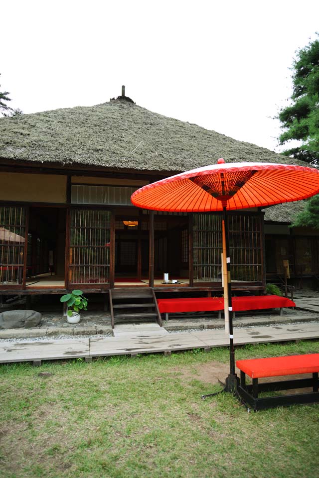 Foto, materiell, befreit, Landschaft, Bild, hat Foto auf Lager,Oyaku-en Garden, der Httenpalast lehnt, zhlen Sie Schirm zusammen, Japanisch-Stilgebude, Tee-Zeremonienzimmer, Ruhenstation