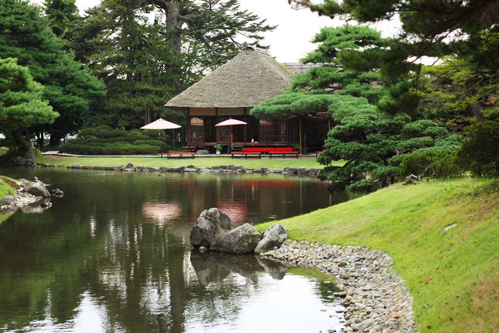 photo,material,free,landscape,picture,stock photo,Creative Commons,Oyaku-en Garden resting booth palace, sum umbrella, Japanese-style building, tea-ceremony room, rest station