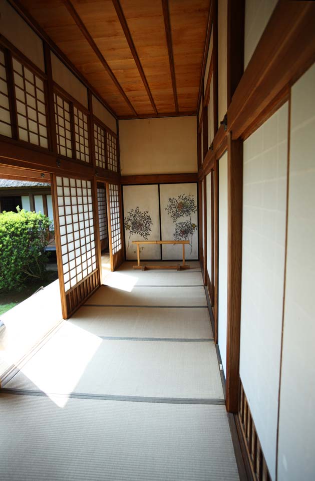 fotografia, material, livra, ajardine, imagine, proveja fotografia,Kairaku-en Garden pavilho de Yoshifumi, corredor, tatami esteiram, fusuma imaginam, shoji