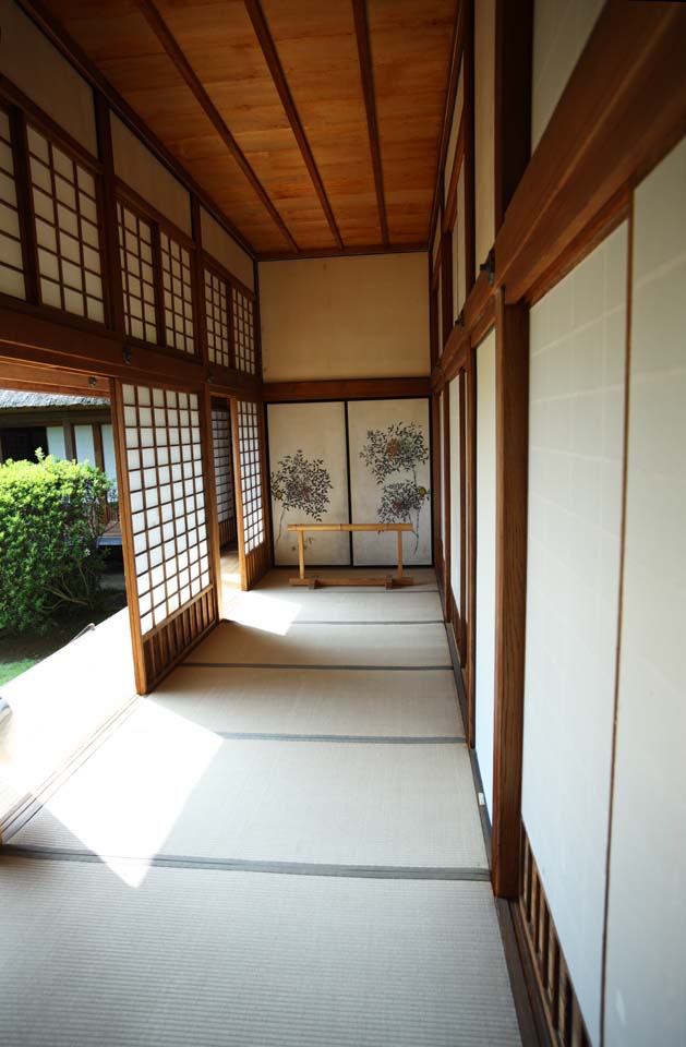 photo,material,free,landscape,picture,stock photo,Creative Commons,Kairaku-en Garden Yoshifumi bower, corridor, tatami mat, fusuma picture, shoji