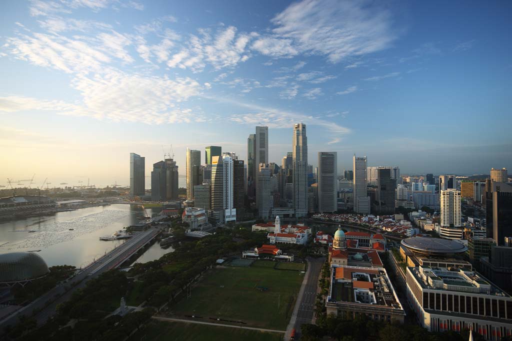 photo, la matire, libre, amnage, dcrivez, photo de la rserve,Le lever du jour singapourien, Gratte-ciel, Le soleil du matin, Matin tranquille, ciel bleu