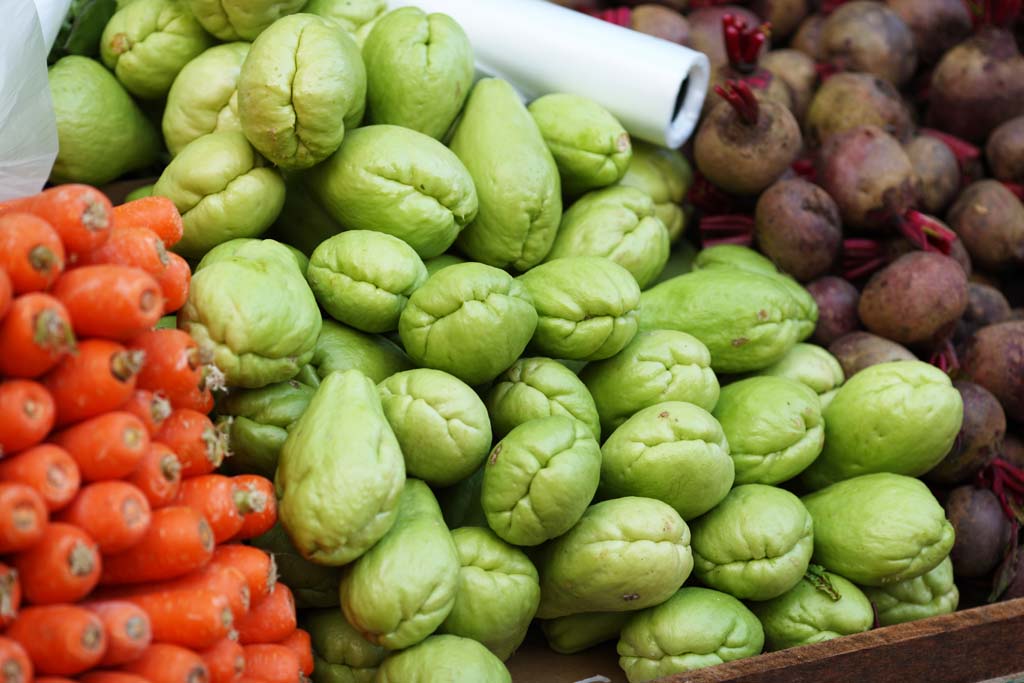 Foto, materieel, vrij, landschap, schilderstuk, bevoorraden foto,Een chayote, Plantaardige winkel, Chayote, Sen Nari kalebas, Bundel kalebas