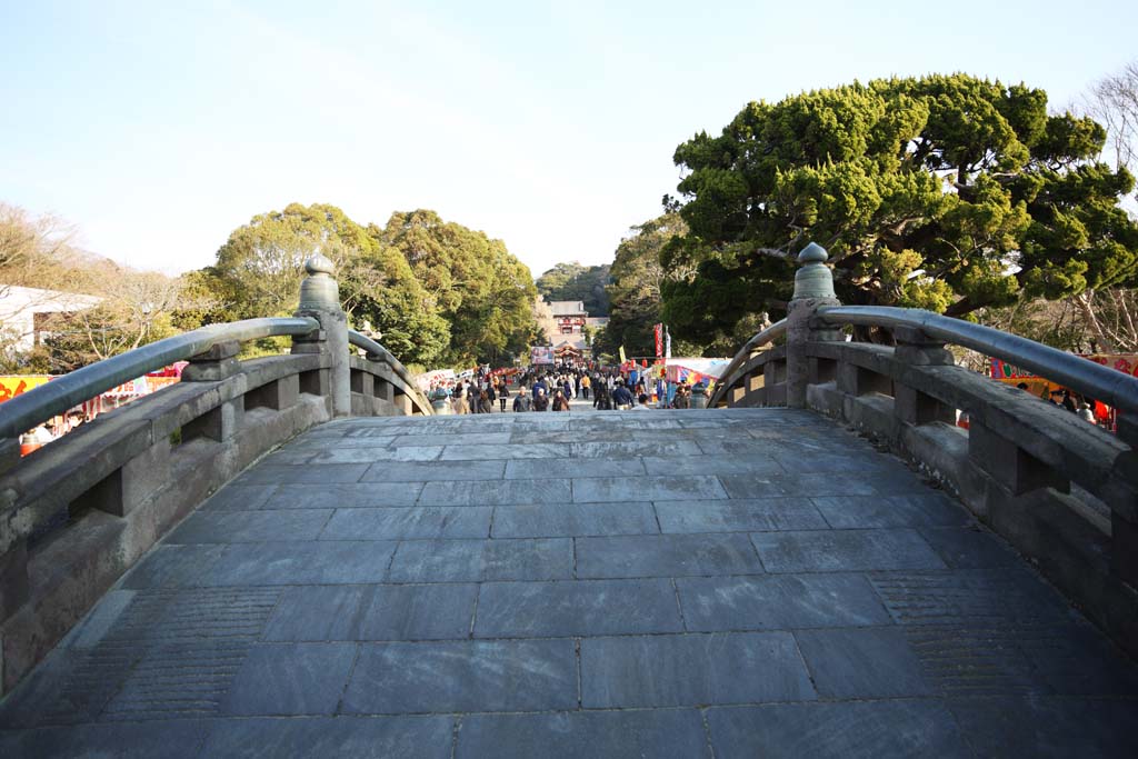 fotografia, material, livra, ajardine, imagine, proveja fotografia,Hachiman-gu Santurio pedra ponte, maaneta de um poste de ponte, cercando, Uma aproximao para um santurio, Uma ponte curvada