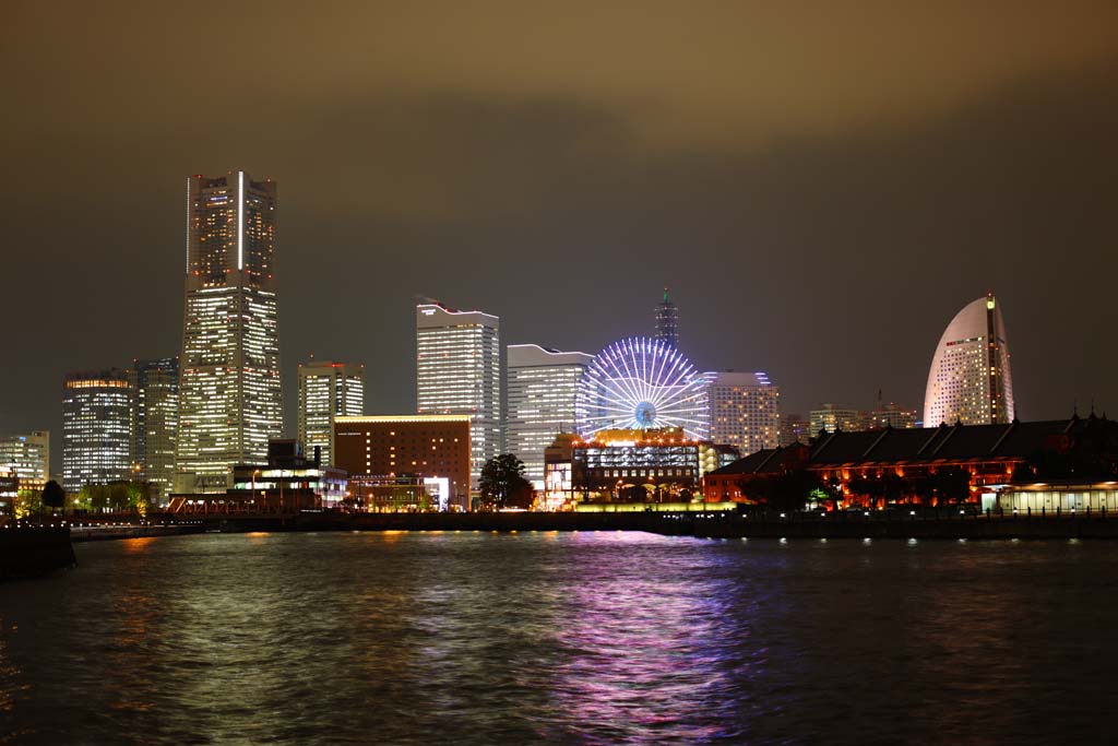 fotografia, material, livra, ajardine, imagine, proveja fotografia,Yokohama Minato Mirai 21, torre de marco, Ferris roda, Um parque de diverses, cidade modelo futura