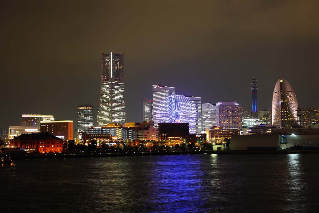 fotografia, materiale, libero il panorama, dipinga, fotografia di scorta,Yokohama Minato Mirai 21, torre di pietra miliare, Ferris la ruota, Un parco di divertimenti, citt di modello futura