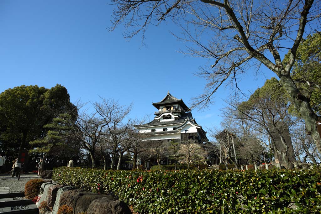 Foto, materiell, befreit, Landschaft, Bild, hat Foto auf Lager,Das Inuyama-jo Burgburgturm, weie Kaiserliche Burg, Etsu Kanayama, Burg, 