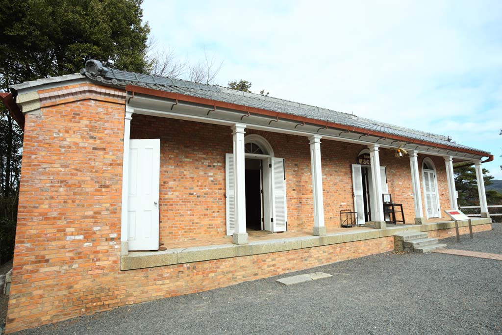 fotografia, material, livra, ajardine, imagine, proveja fotografia,Uma habitao oficial prendeu para o Meiji-mura Aldeia Museu Kan Ilha farol, construindo do Meiji, A ocidentalizao, tijolo, Herana cultural