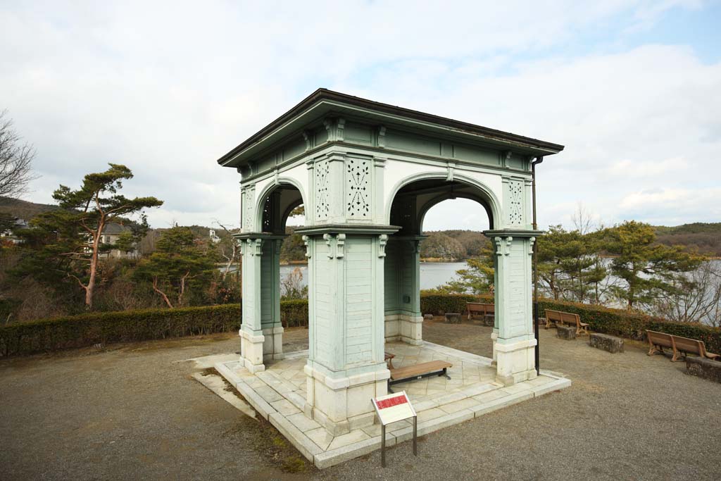Foto, materiell, befreit, Landschaft, Bild, hat Foto auf Lager,Meiji-mura Village Museum Religionsuniversittskutschenveranda, das Bauen vom Meiji, Die Verwestlichung, West-Stilgebude, Kulturelles Erbe