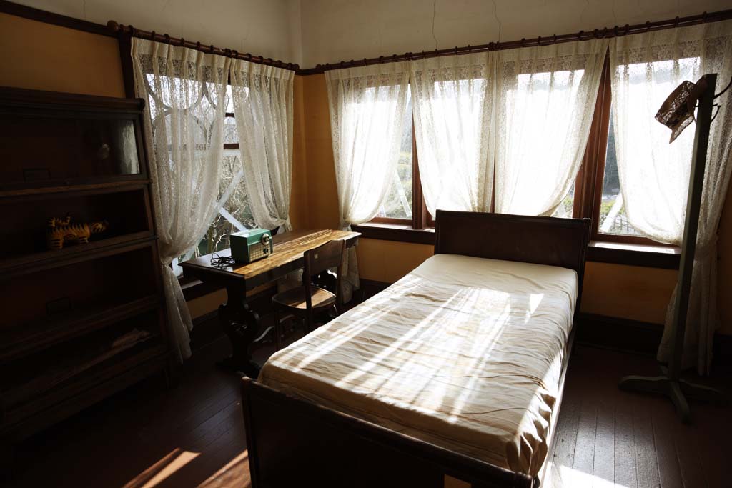 fotografia, material, livra, ajardine, imagine, proveja fotografia,Uma Igreja Evanglica a favor de-em Meiji-mura Aldeia Museu dia de Seattle, cama, Luz solar, Uma casa americana, cortina