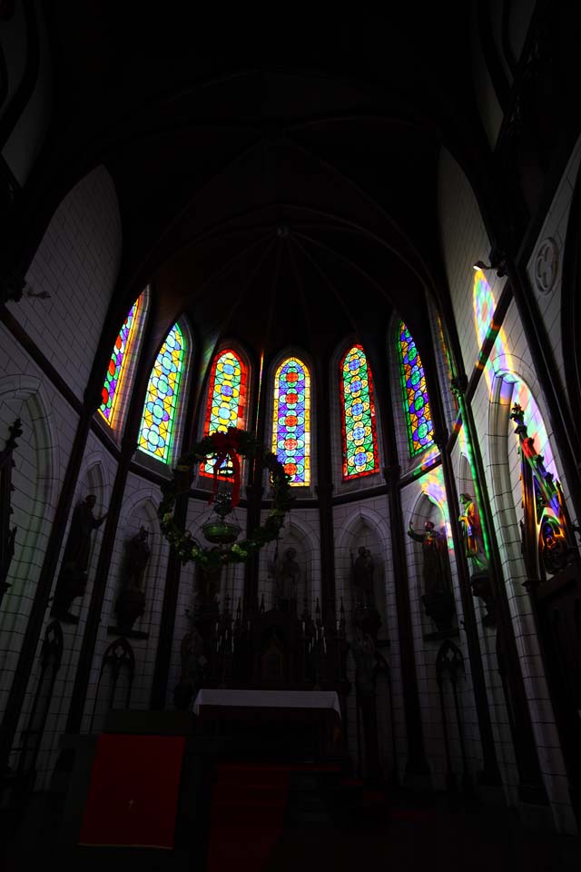 fotografia, material, livra, ajardine, imagine, proveja fotografia,Meiji-mura Aldeia Museu St. Xavier Deus de templo de Cu, Vidro colorido, A ocidentalizao, Edifcio de ocidental-estilo, Herana cultural