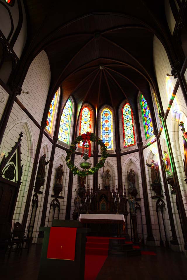 Foto, materiell, befreit, Landschaft, Bild, hat Foto auf Lager,Meiji-mura-Dorf Museum St. Xavier Lord des Himmelstempels, Farbiges Glas, Die Verwestlichung, West-Stilgebude, Kulturelles Erbe