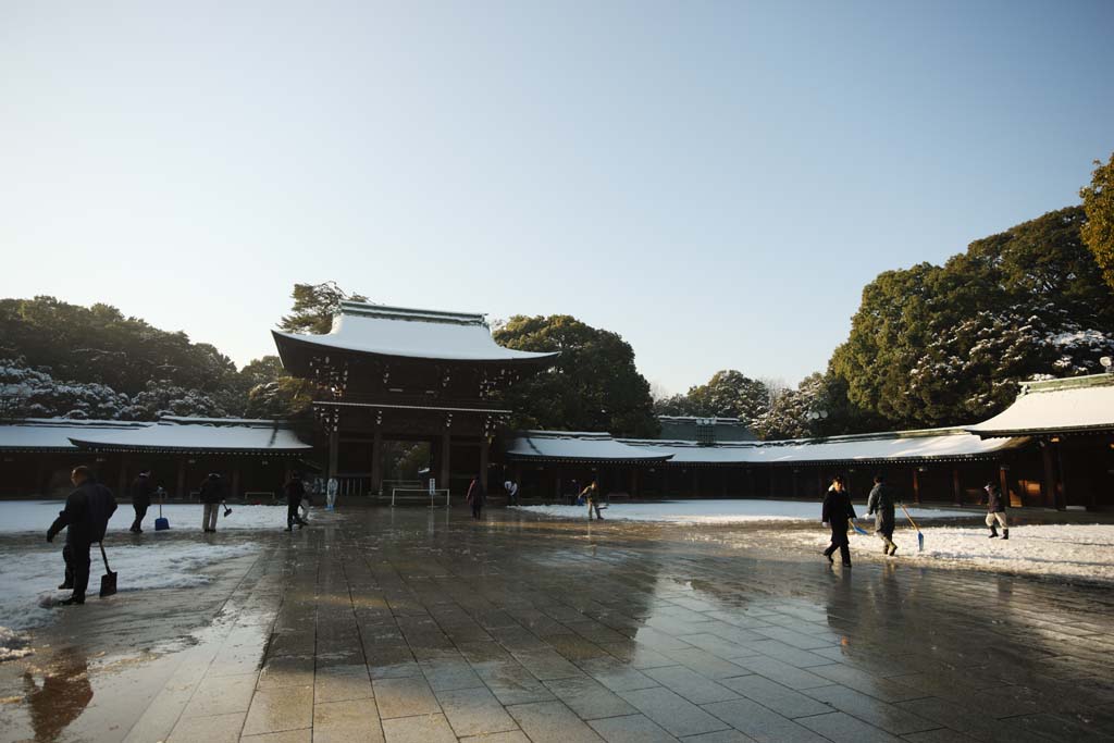 Foto, materiell, befreit, Landschaft, Bild, hat Foto auf Lager,Meiji-Schrein, Der Kaiser, Schintoistischer Schrein, torii, Schnee