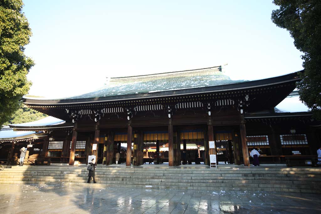 Foto, materieel, vrij, landschap, schilderstuk, bevoorraden foto,Meiji Heiligdom voorkant heiligdom, De Keizer, Shinto heiligdom, Torii, Sneeuw