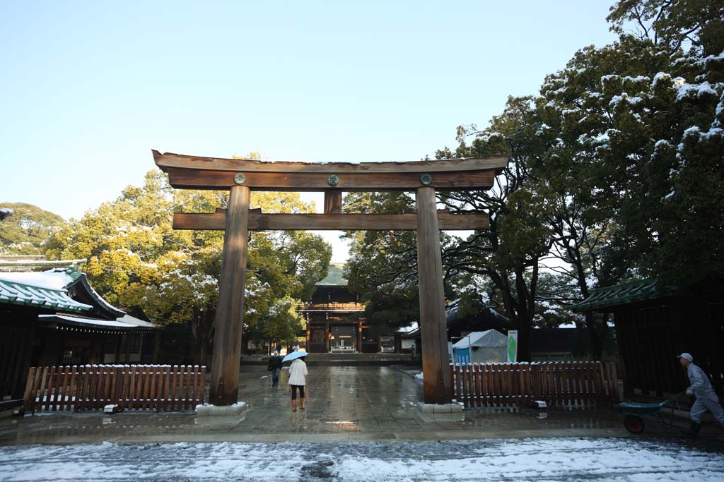 Foto, materiell, befreit, Landschaft, Bild, hat Foto auf Lager,Meiji Shrine torii, Der Kaiser, Schintoistischer Schrein, torii, Schnee