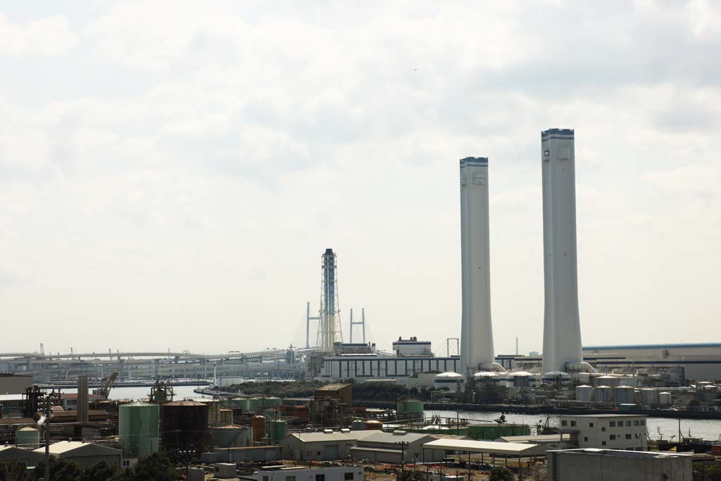 Foto, materieel, vrij, landschap, schilderstuk, bevoorraden foto,Een industriegebied van Kawasaki, Schoorsteen, Fabriek, Rijweg, Tank