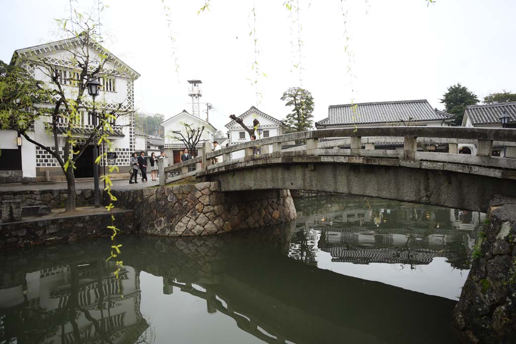 Foto, materiell, befreit, Landschaft, Bild, hat Foto auf Lager,Kurashiki Kurashiki-Fluss, Traditionelle Kultur, steinigen Sie Brcke, Japanische Kultur, Die Geschichte