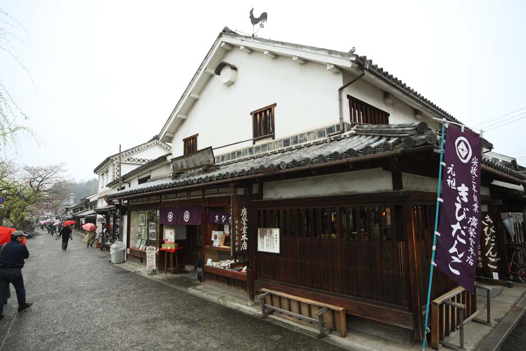 Foto, materieel, vrij, landschap, schilderstuk, bevoorraden foto,Kurashiki gedenkteken winkel, Gedenkteken, Traditie architectuur, Signboard, Muur bedekt met plein tichels en invoegden met de montagevloer wondpleister