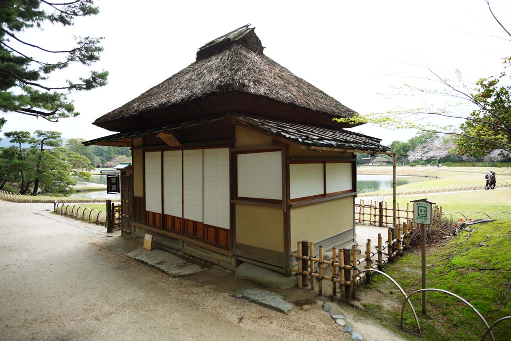 Foto, materieel, vrij, landschap, schilderstuk, bevoorraden foto,Koraku-en Tuinieren, Stro-thatched bekapen, Shoji, Jap-trant kamer, Traditie architectuur