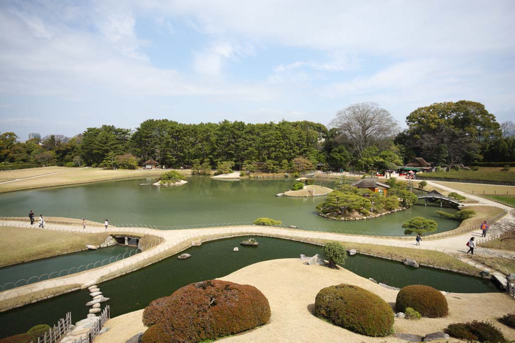 fotografia, materiale, libero il panorama, dipinga, fotografia di scorta,Lo stagno della palude di Giardino di Koraku-en, cabina che rimane, prato, stagno, I giapponesi fanno del giardinaggio