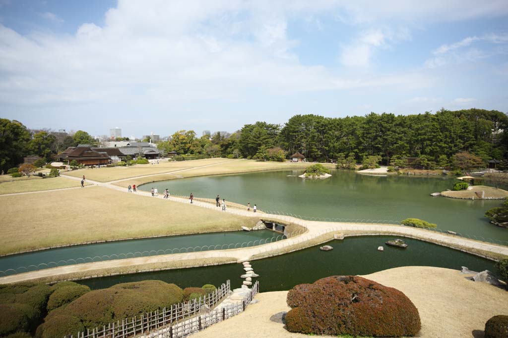 Foto, materieel, vrij, landschap, schilderstuk, bevoorraden foto,De waterplas van de Koraku-en Tuin stromen, Rustende kraam, Grasveld, Waterplas, Japanse tuin