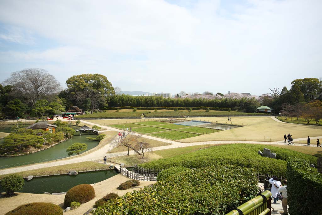 fotografia, materiale, libero il panorama, dipinga, fotografia di scorta,Lo stagno della palude di Giardino di Koraku-en, cabina che rimane, prato, stagno, I giapponesi fanno del giardinaggio