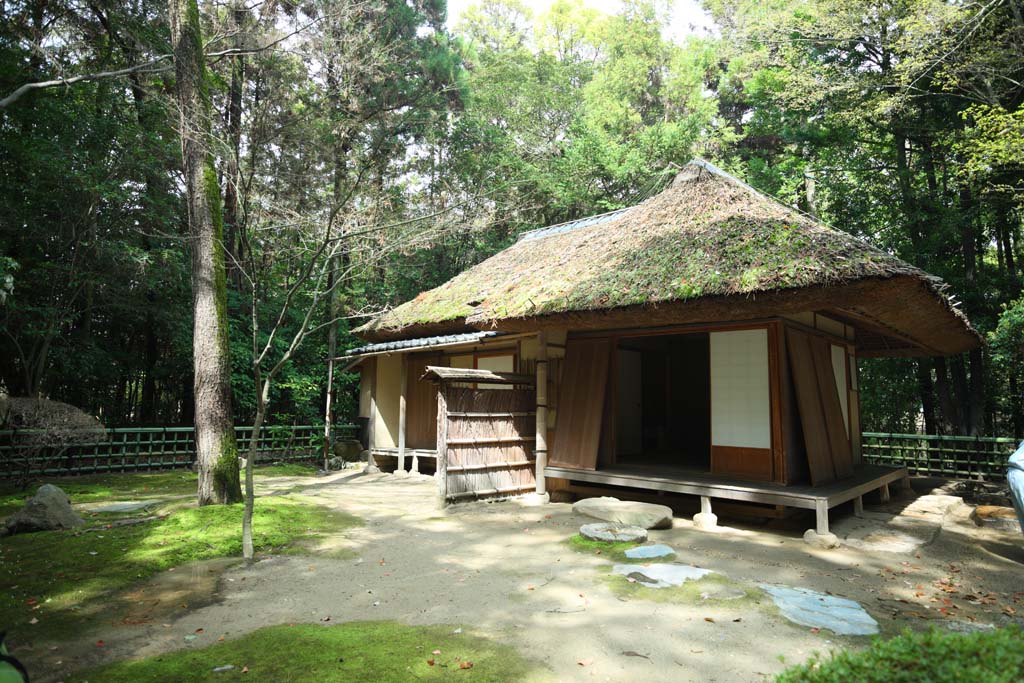 Foto, materieel, vrij, landschap, schilderstuk, bevoorraden foto,Koraku-en Garden Shigeru Shoan, Stro-thatched bekapen, Shoji, Thee-plechtigheid kamer, Jap gebouw