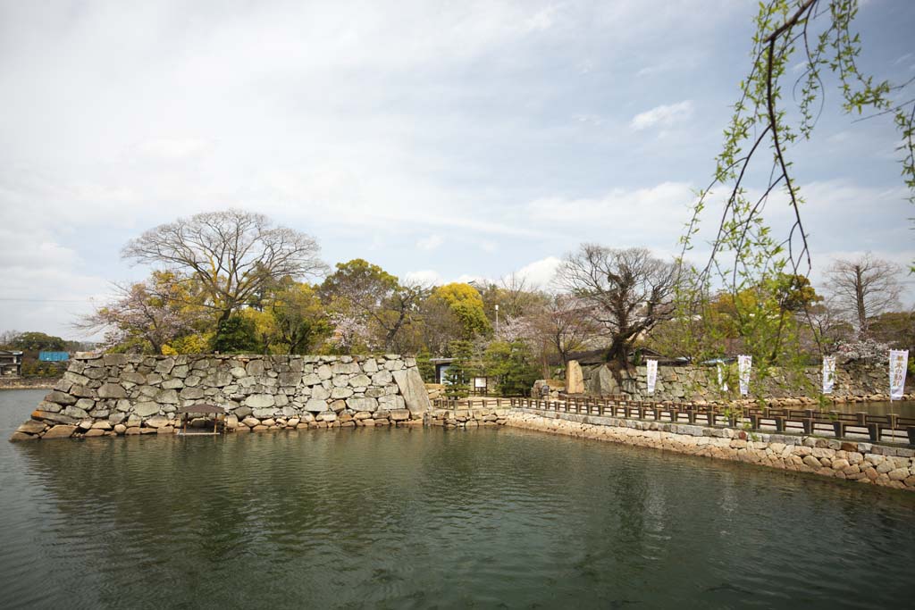 fotografia, material, livra, ajardine, imagine, proveja fotografia,Okayama-jo castelo Uchibori, castelo, Ishigaki, fosso, Castelo de corvo
