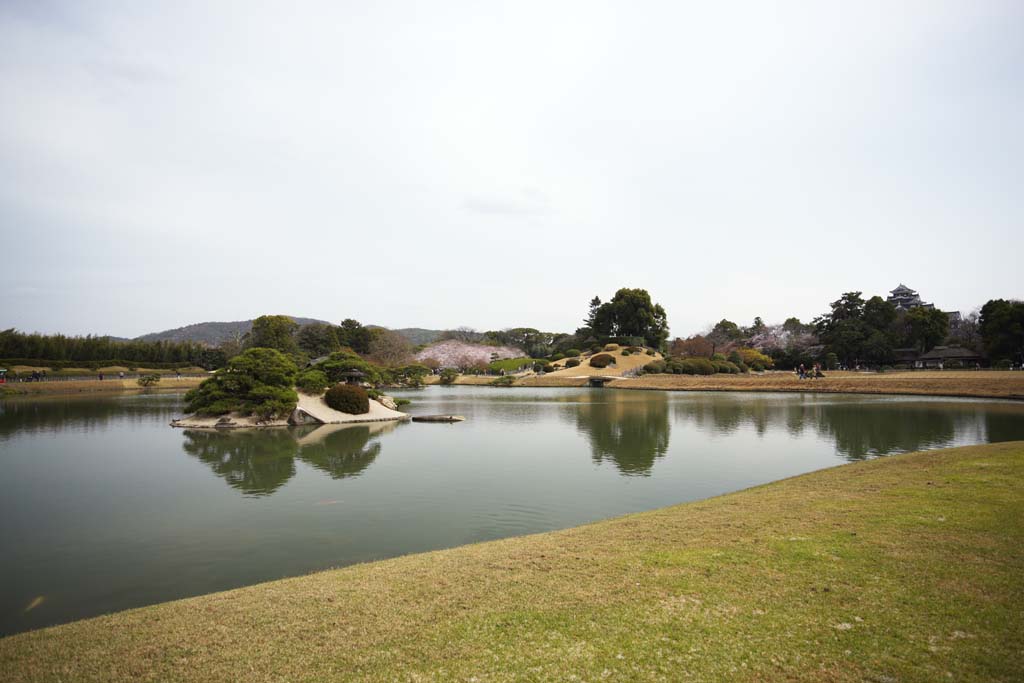 Foto, materiell, befreit, Landschaft, Bild, hat Foto auf Lager,Der Teich des Koraku-en Garden-Sumpfes, das Ausruhen von Htte, Rasen, Teich, Japanisch grtnert