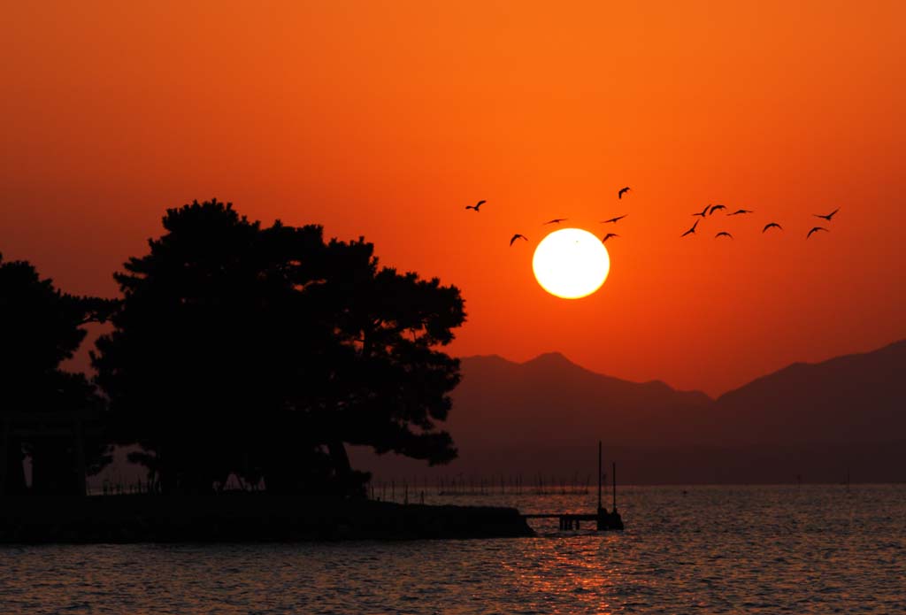 Foto, materiell, befreit, Landschaft, Bild, hat Foto auf Lager,Die Rahmensonne des Sees Shinji-ko, Die Sonne, Die Oberflche des Wassers, Brautinsel, 100 Auswahlen von japanischer Rahmensonne